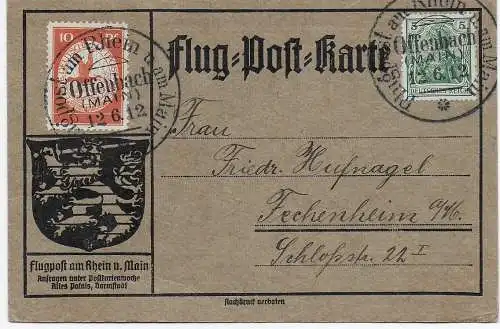 DR 12.6.1912: Flug-Post-Karte Offenbach nach Fechenheim