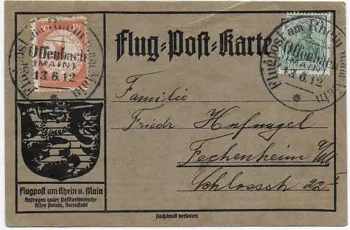 DR 13.6.1912: Flug-Post-Karte Offenbach nach Fechenheim