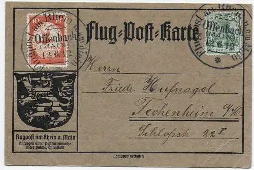 DR 1912: Flug-Post-Karte Offenbach nach Fechenheim