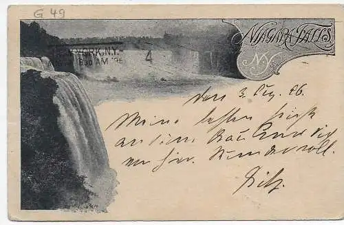 USA: Niagara Falls 1896, Bild Ganzsache nach Karlsruhe