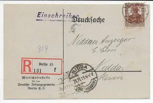 DR 1919: Einschreiben Drucksache Karte Berlin nach Nidda, Zeitung