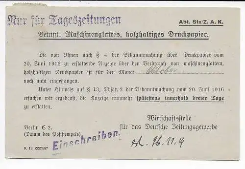 DR 1919: Einschreiben Drucksache Karte Berlin nach Nidda, Zeitung