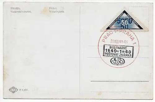 B&M: Briefmarke 1940, Prag auf Ansichtskarte Wenzelsplatz