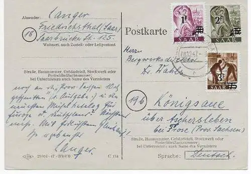 Saar 1947: Postkarte Friedrichsthal nach Königsaue