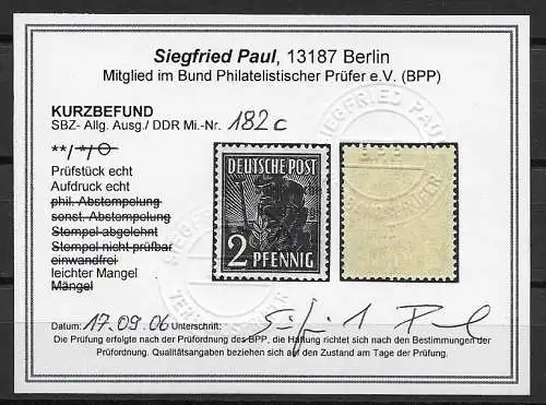 SBZ: MiNr. 182c, postfrisch, ** mit BPP Befund