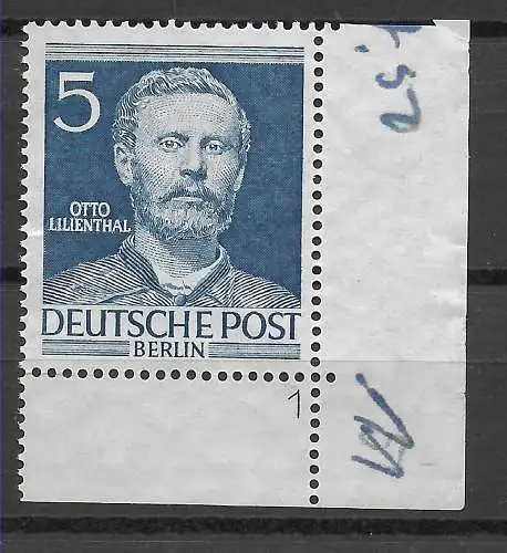 Berlin: MiNr. 92, postfrisch, **, Eckrand E4, Sektor Nr. 1