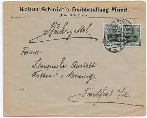 Memelgebiet 1920, Bücherzettel mit MiNr. 1 nach Frankfurt