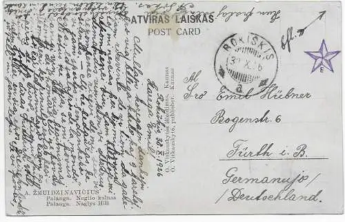 Litauen: Ansichtskarte 1926 Rokiskis nach Fürth