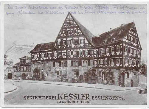 DR: Ansichtskarte Sektkellerei Kessler, Esslingen, 1944 an das Jägerhaus