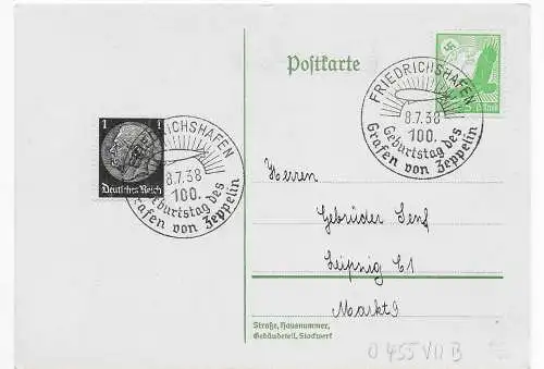 DR: Postkarte mit Sonderstempel 100. Geburtstag des Grafen von Zeppelin, 1938