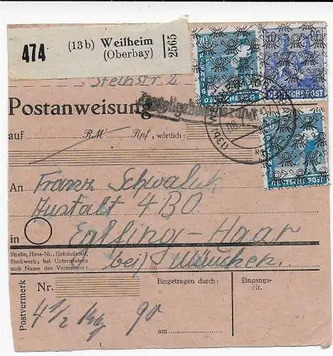 Postanweisung Weilheim/Oberbayern nach Eglfing, 1948, #43II, 48II