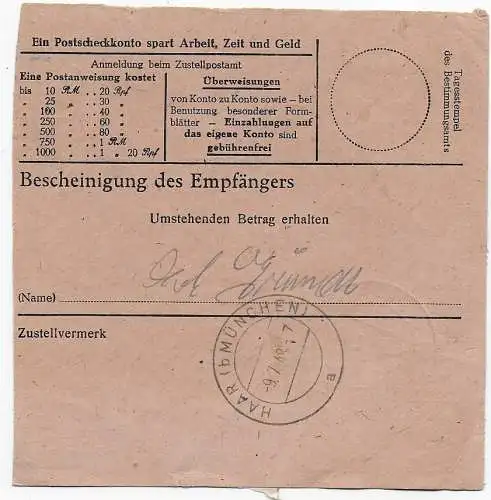 Postanweisung Weilheim/Oberbayern nach Eglfing, 1948, #43II, 48II