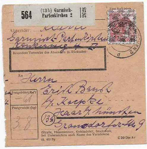 Paketkarte Garmisch Partenkirchen nach Haar, 1948, #49II