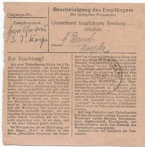 Paketkarte Garmisch Partenkirchen nach Haar, 1948, #49II