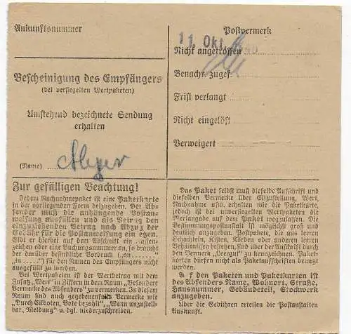 Nachnahme Paketkarte München 1946 nach Bad Aibing, #937 EF