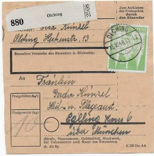 Paketkarte Olching nachEglfing, 1948, #97 I, EF