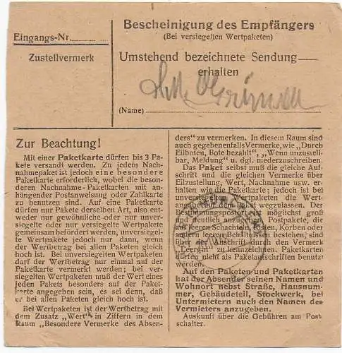 Paketkarte Olching nachEglfing, 1948, #97 I, EF