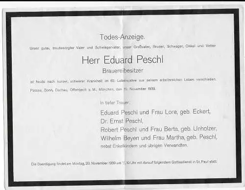 DR: Trauerkarte Passau: Peschl, Brauereibesitzer und bekannter Philatelist 1939