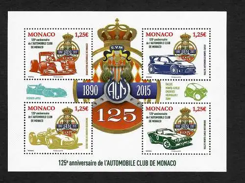 Monaco 2015: 125e anniversaire de l'automobile club de Monaco, postfrisch