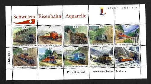 Liechtenstein: Die Marke: Schweizer Eisenbahn Aquarelle, Peter Bombhard, **