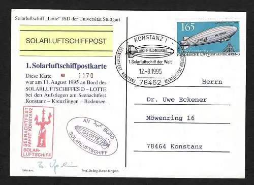 Bund: Solarluftschiffpost Lotte, Konstanz 1995, Bordpostkarte