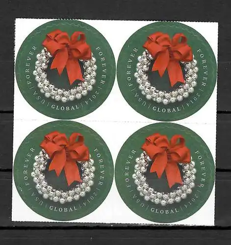 USA 2014: Silver Bells Wreath, Block of four stamps, mnh