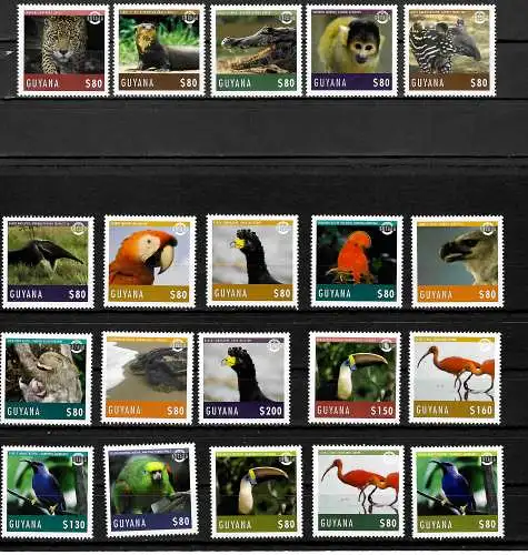 Guyana: Vögel - Tiere, 20x Briefmarken, postfrisch