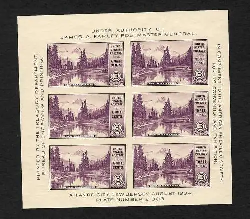 USA 1934: Vulkan Mount Rainier, Block #5, ungezähnt, postfrisch