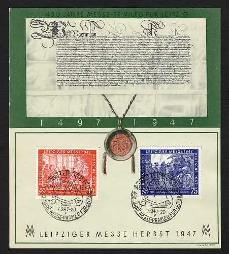 SBZ: Leipziger Messe 1947 auf Falt-Gedenkblatt mit Sonderstempel