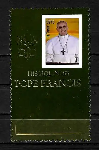 Gambia: His Holiness Pope Francis, Papst Franciskus, Gold-Marken-Block, mnh