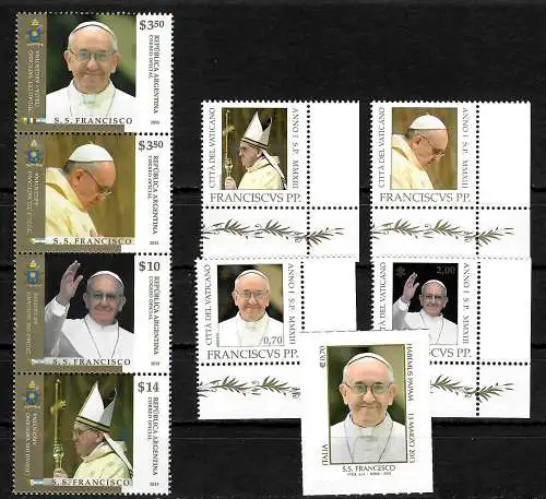 Papst Franziskus: 9x Briefmarken postfrisch: Italien, Vatikan, Argentinien