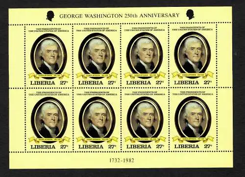 Liberia: Georg Washington 250th Anniversary: Block of Thomas Jefferson, mnh