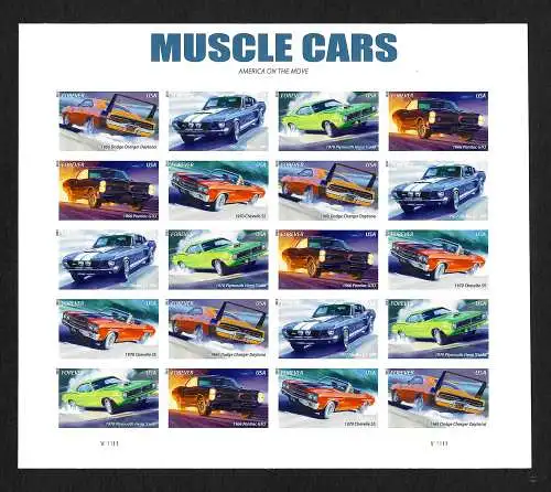 USA 2013 Muscle cars 5x stamp: Dodge, Plymouth, Pontiac, Shelby, Chevelle, sheet