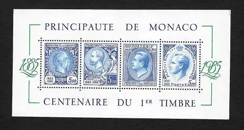 Monaco 1985: Centenaire du 1er Timbre, 100 Jahre 1. Briefmarke, postfrisch