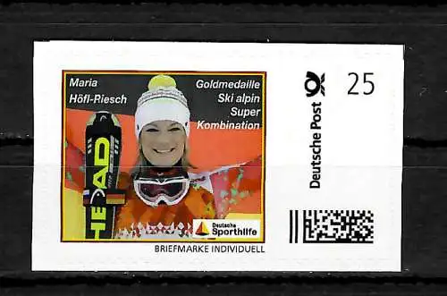 Bund: Briefmarke Individuell - Maria Höfl-Riesch, Goldmedaille, Sporthilfe, **