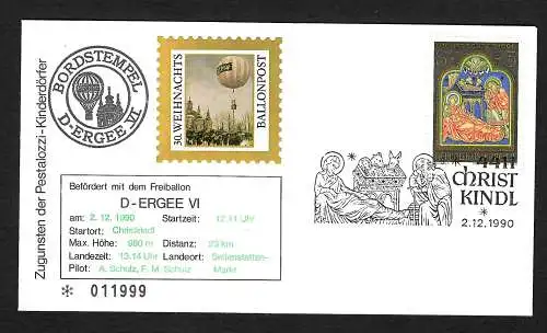 Österreich 1990: Christkindl mit Bordstempel Freiballon D-ERGEE VI