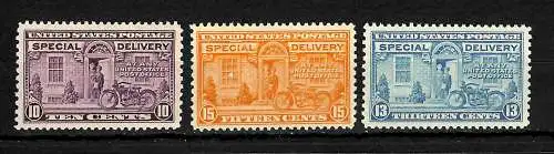 USA: Special Delivery, Post man with Harley Davidson, 3x stamps, mnh