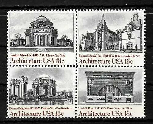 USA: American Architecture, #1500-1503, mnh, block of four