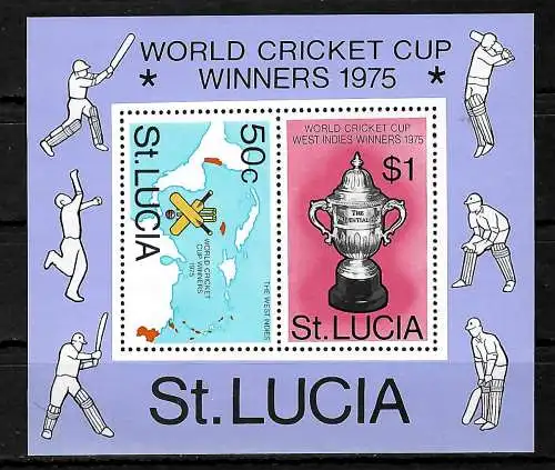 St. Lucia 1975: World Cricket Cup, West Indies Winners, block #9,  mnh