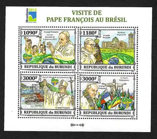 Burundi 2013: Visite de Pape Francois au Brésil, Rio 2013, Block mnh