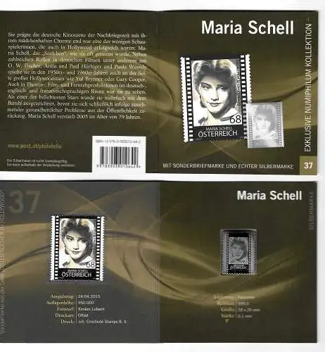 Österreich 2015: Maria Schell: Silbermarke und Briefmarke im Folder