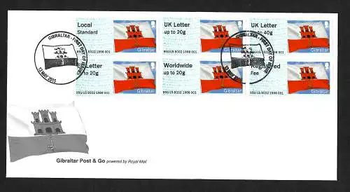 Gibraltar 2015: Flagge: 6x Automatenmarken, FDC