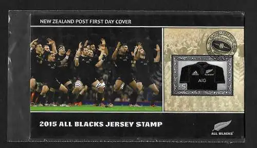 Neuseeland 2015: All Blacks Jersey Stamp, Rugby WM T-Shirt, Baumwoll Stoff, FDC