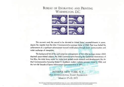 USA 1972: INTERPEX New York, Stamp Exhibition, Communications for Peace, Echo I