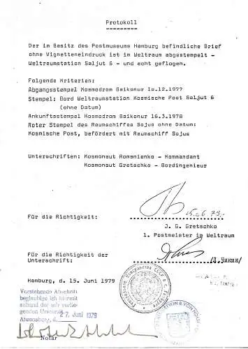 Brief Weltraumstation Saljut 6 abgestempelt, original Unterschrift Kosmonauten