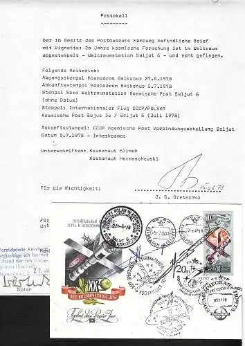 Bordstempel Weltraumstation Saljut 6 abgestempelt, Unterschrift Kosmonauten