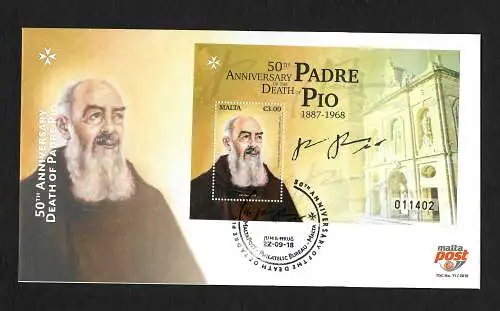 Malta 2018: 50th Anniversary of the Death of Padre Pio, postfrisch, FDC