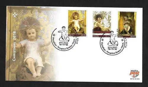 Malta 2018: Weihnachten, 3 Briefmarken, FDC