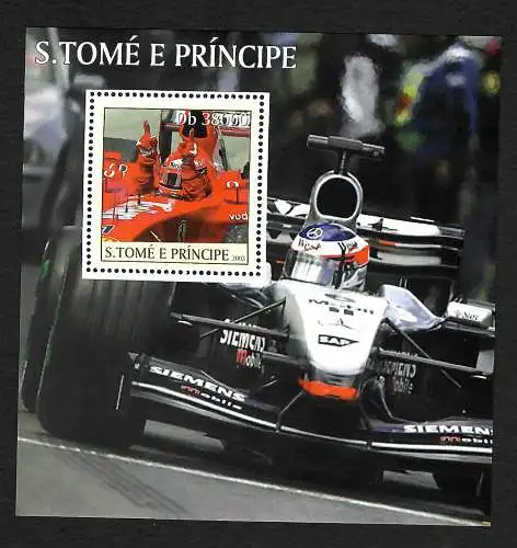 S. Tomé e Principe 2003: Formel 1 Rennwagen, postfrisch, Michael Schumacher