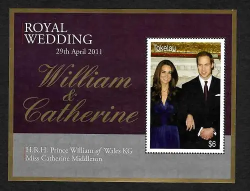 Tokelau 2011: Royal Wedding William & Catherine, Block mnh, **